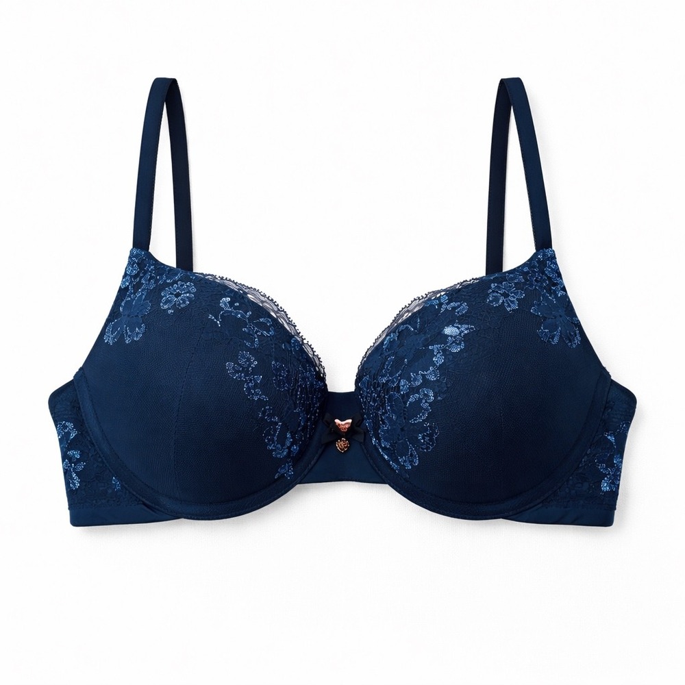 Victorias Secret Body By Victoria Perfect Shape Bra 32D Blue Lace Floral Shimmer